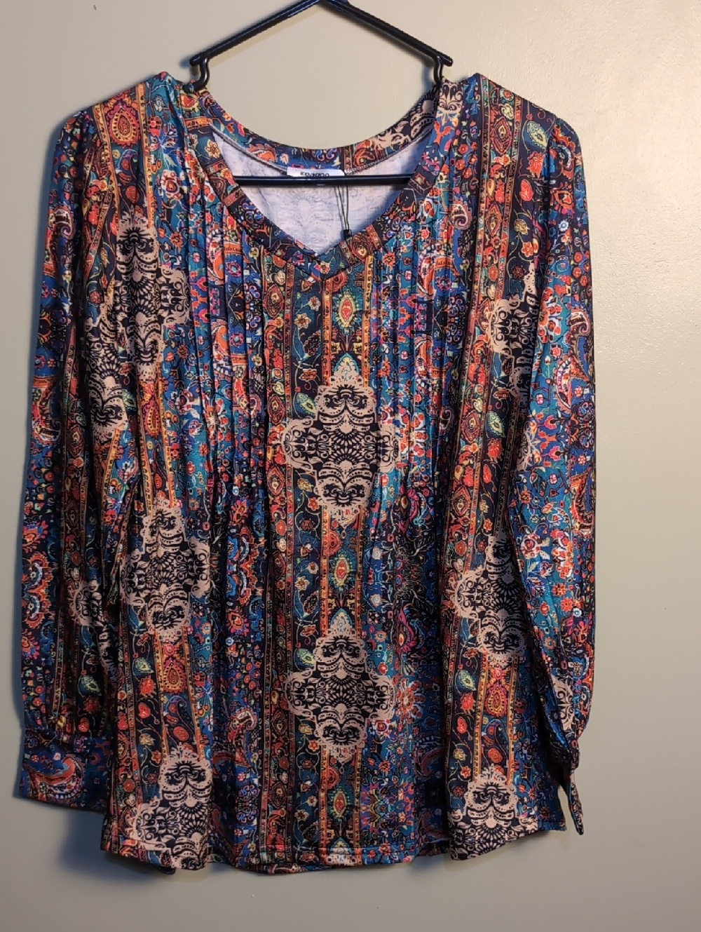 zeagoo Teal Multi Paisley V-Neck Long Sleeve Top - Picture 2 of 5